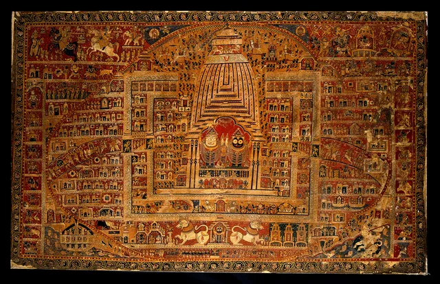Balarama, Subhadra and Jagannath in the temple at Puri, with many human and sacred figures, buildings and animals. Oil painting by a painter of Puri…