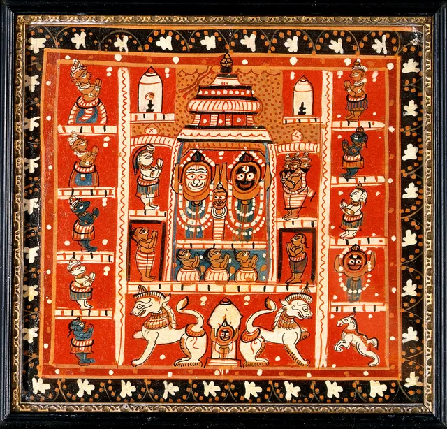 Balarama, Subhadra and Jagannath in the temple at Puri, with other figures in a courtyard around. Oil painting by a painter of Puri, Orissa, ca…